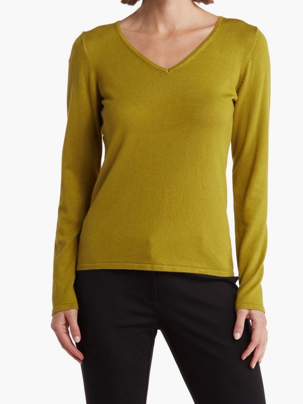 NWT Tahari Women’s Chartreuse Green V Neck Top Long Sleeve Size XS